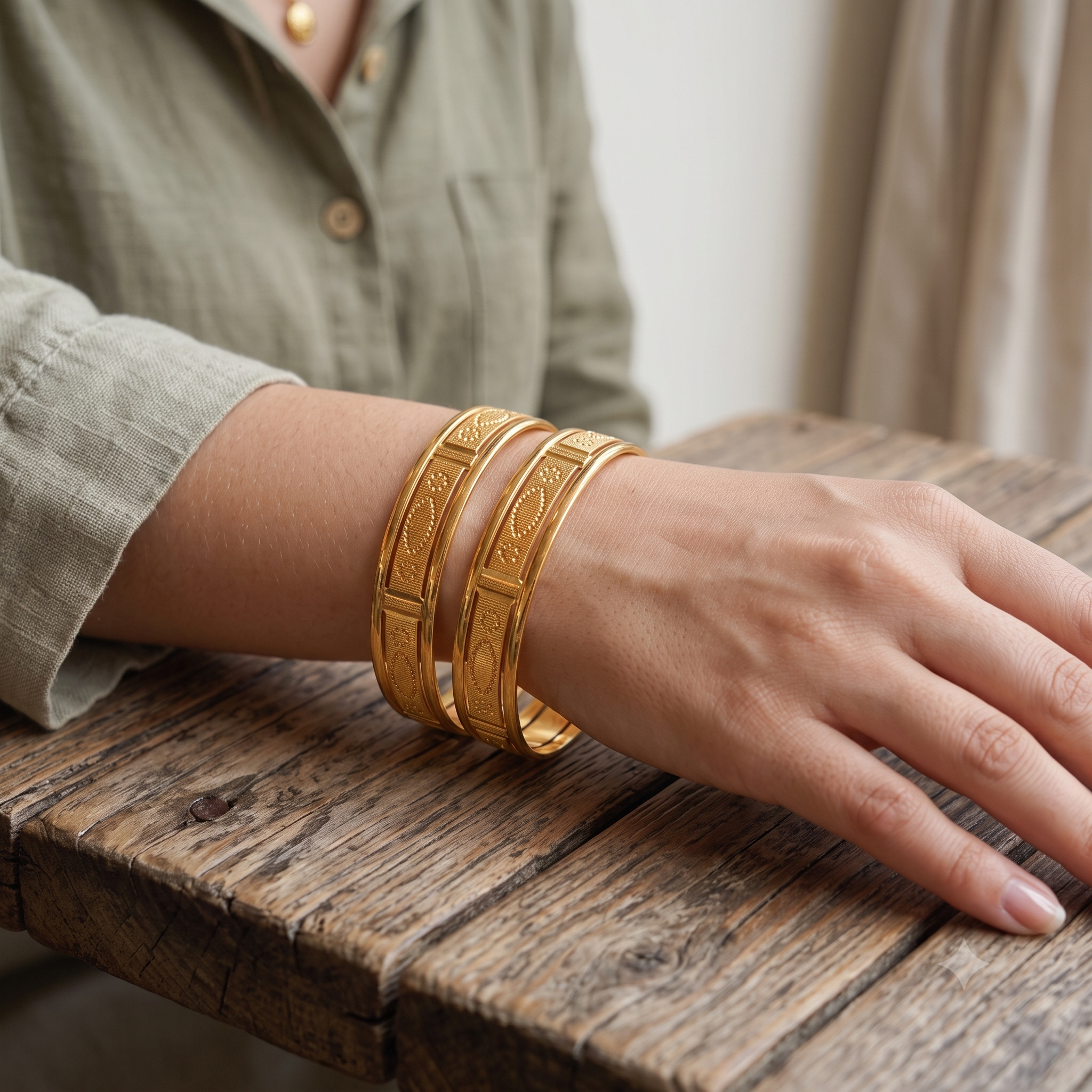 Broad gold plated pannel bangle set