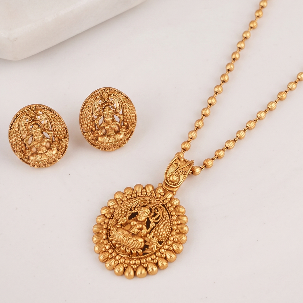 Cute elegant plain antique gold maa lakshmi pendant set I Temple Jewellery