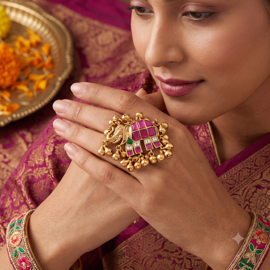 Stunning multicolor kundan antqiue gold elephant finger ring