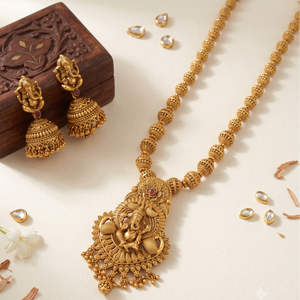 Amazing gold finish Lord Ganesh long necklace set I Temple Jewellery