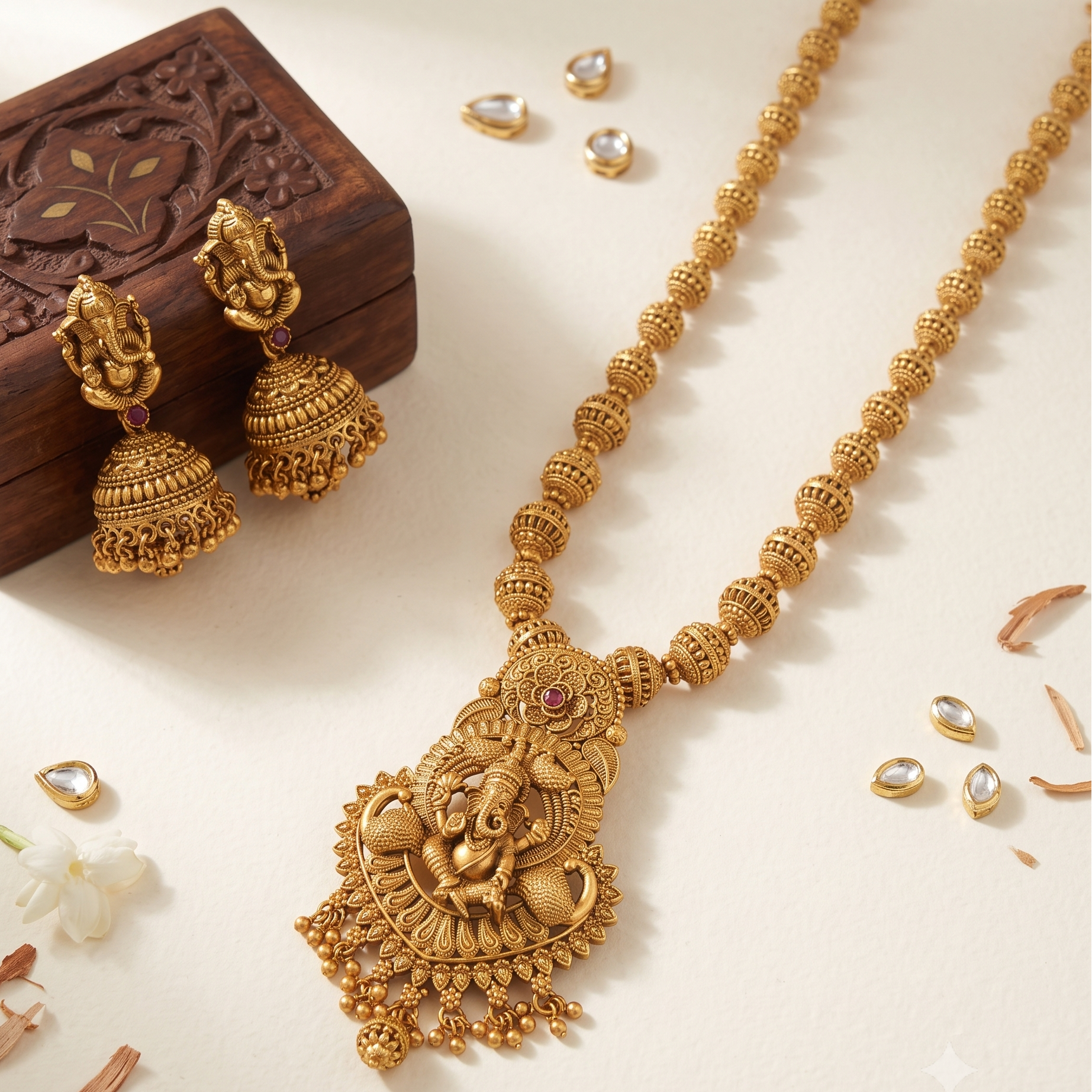 Amazing gold finish Lord Ganesh long necklace set I Temple Jewellery