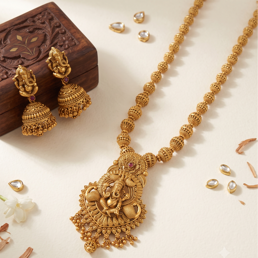 Amazing gold finish Lord Ganesh long necklace set I Temple Jewellery
