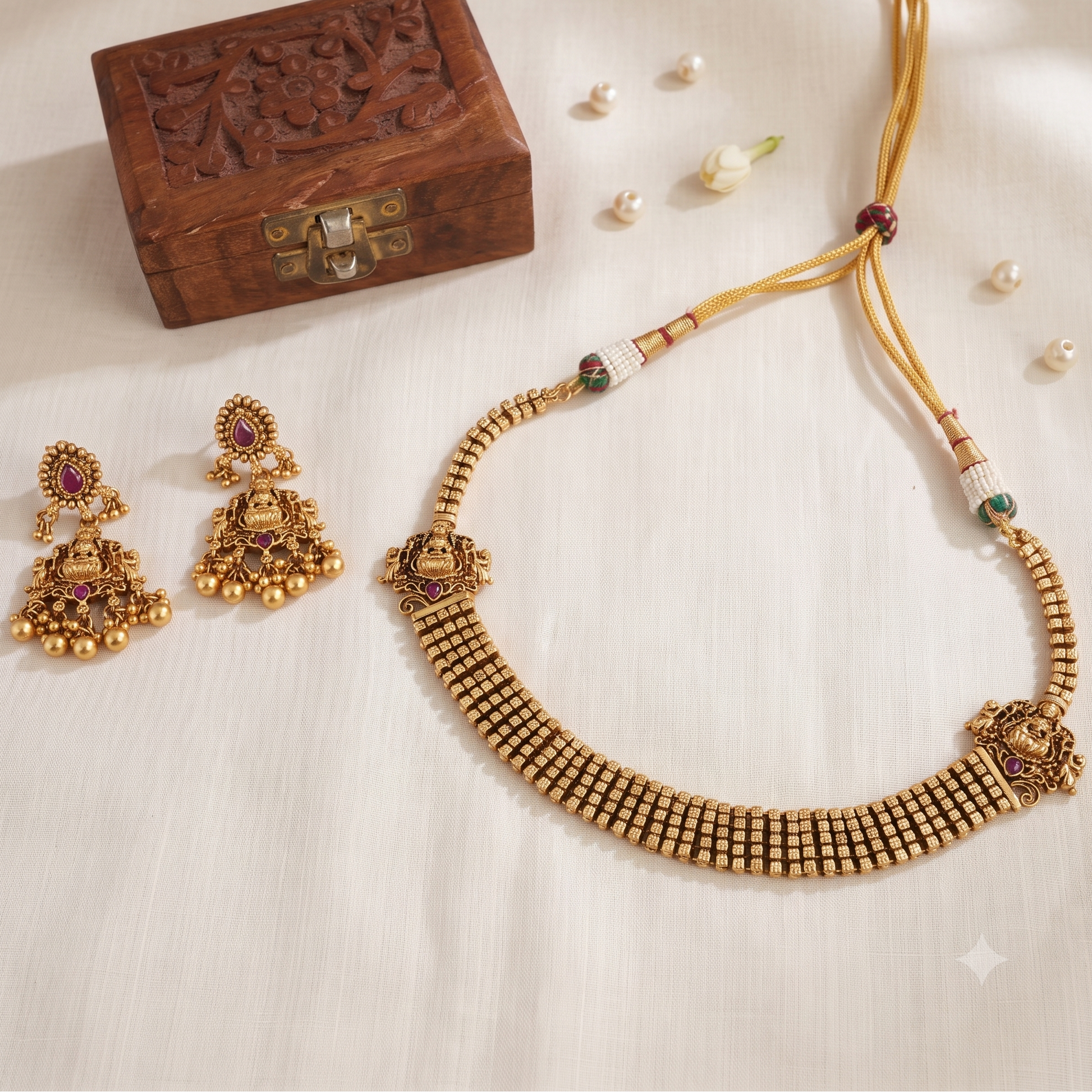 Stunning antique gold plated maa lakshmi necklace set with earring | Temple jewellery