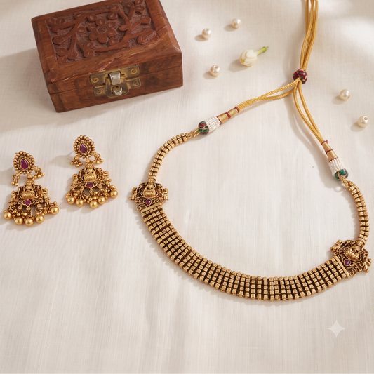 Stunning antique gold plated maa lakshmi necklace set with earring | Temple jewellery