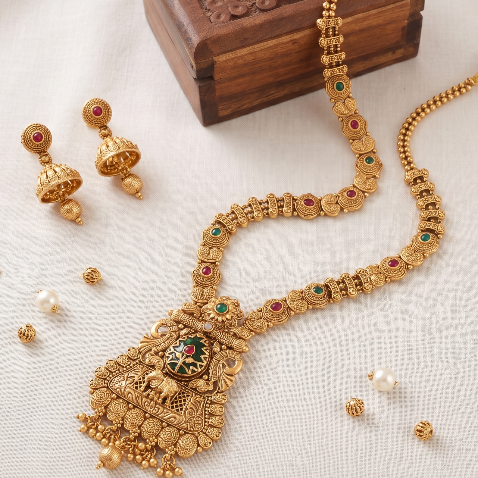 Long antique gold stone necklace set