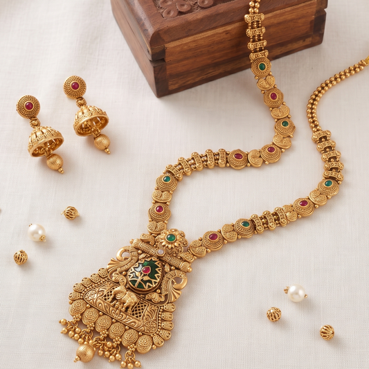 Long antique gold stone necklace set