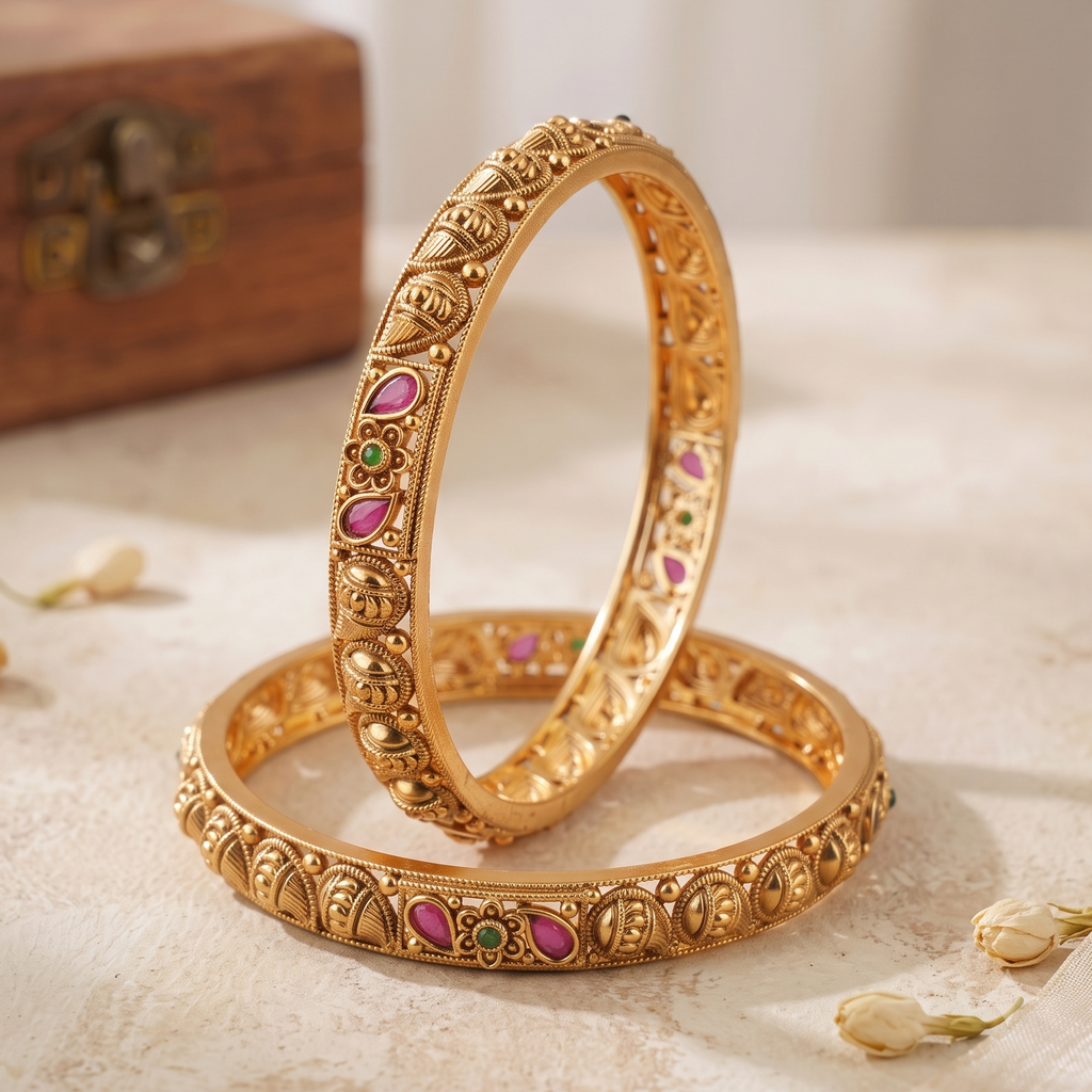 Beautiful paisley antique gold stone bangle set