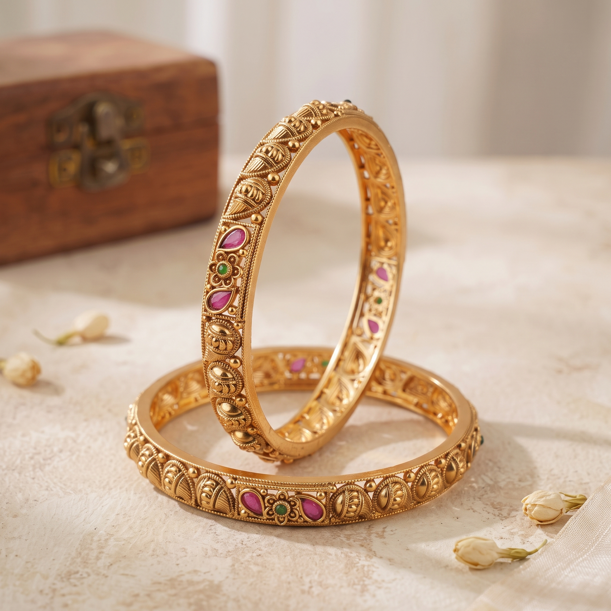 Beautiful paisley antique gold stone bangle set