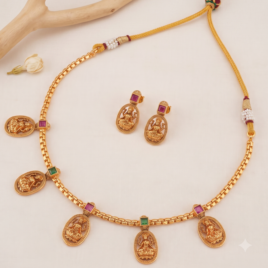 Elegant maa lakshmi multicolor stone neckalce set I Temple Jewellery