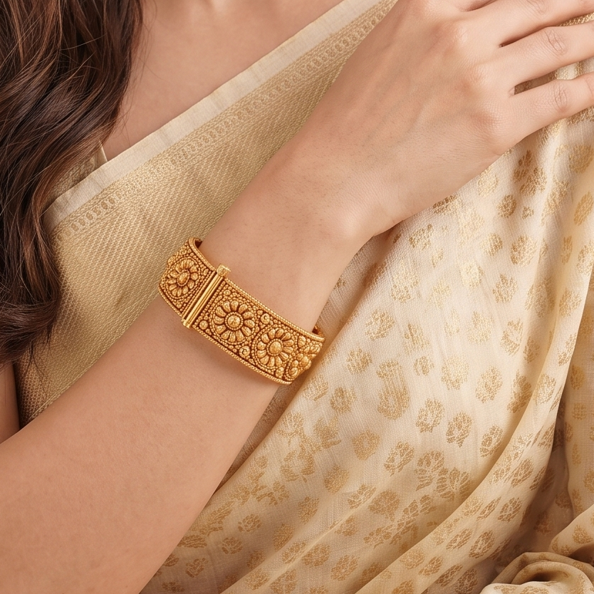 Stunning floral antique gold kada bangle