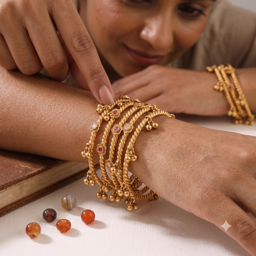Beautiful antique gold stone ghungroo bangle set ( set of 4 )