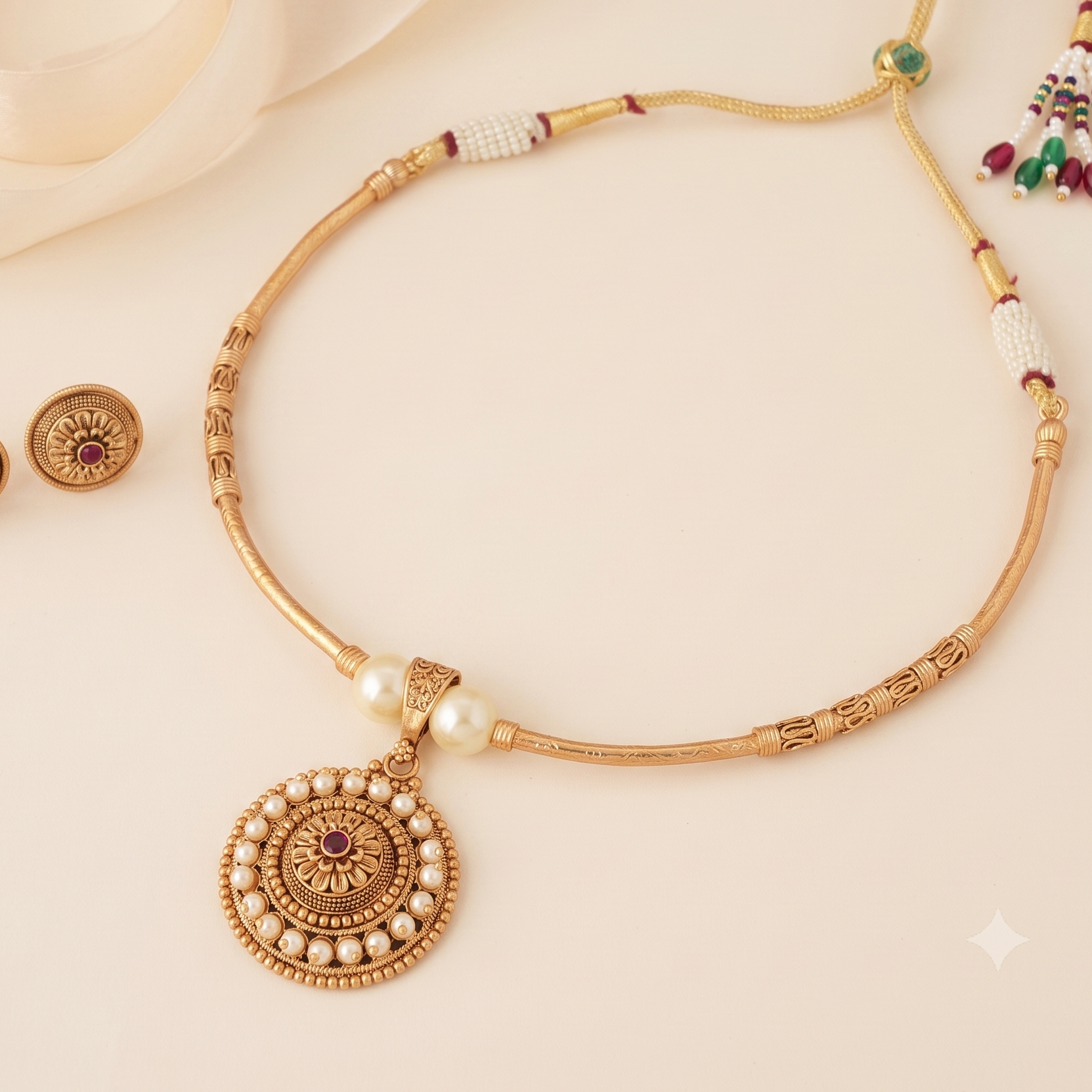 Stunning antique gold pearl hasli necklace set