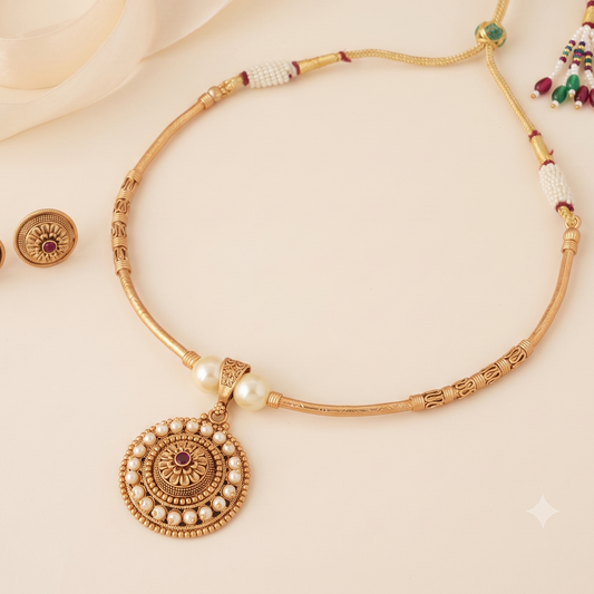 Stunning antique gold pearl hasli necklace set