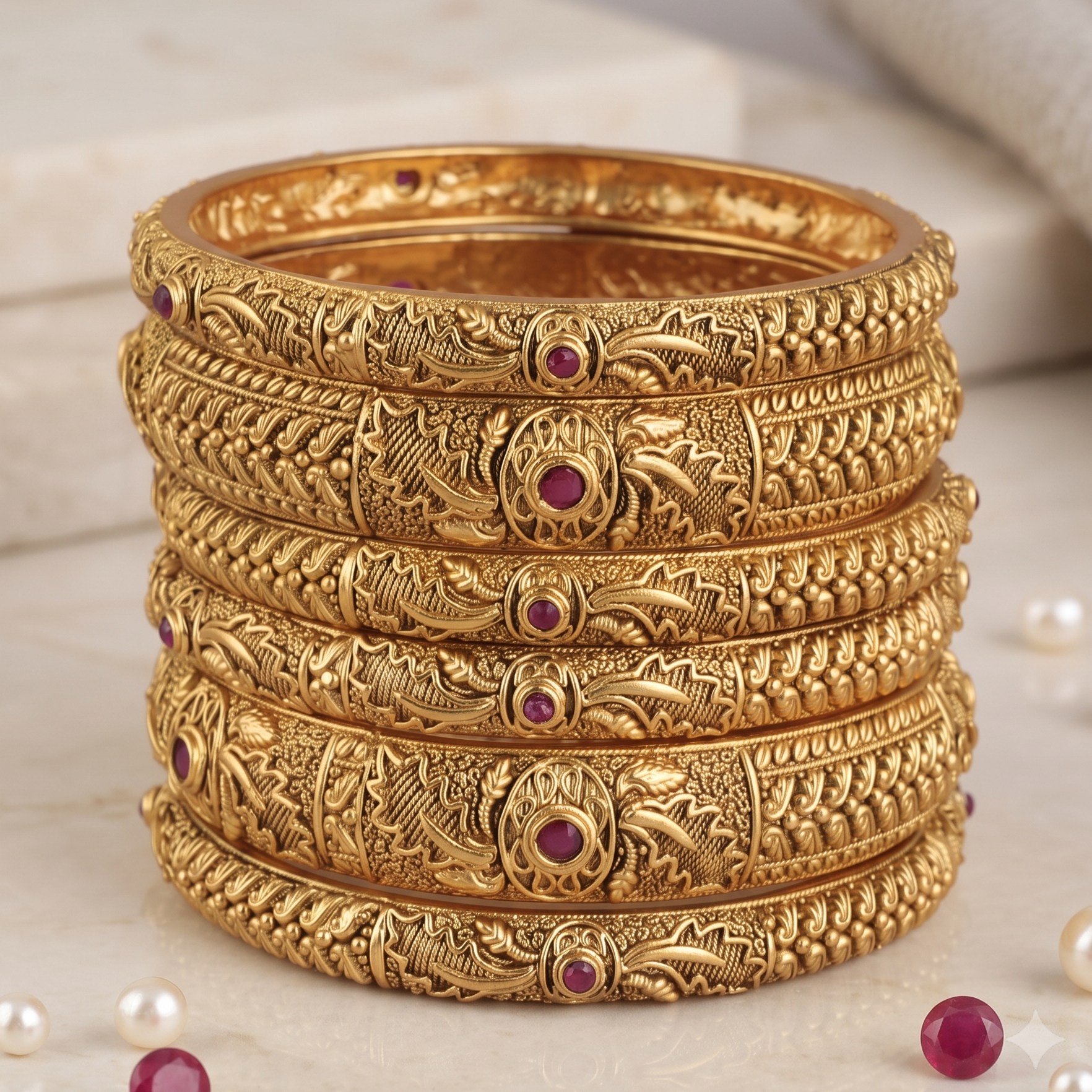 Stunning antique gold finish stone bangle set (set of 6)