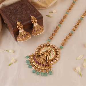 Stunning antique gold long dulhan stone necklace set