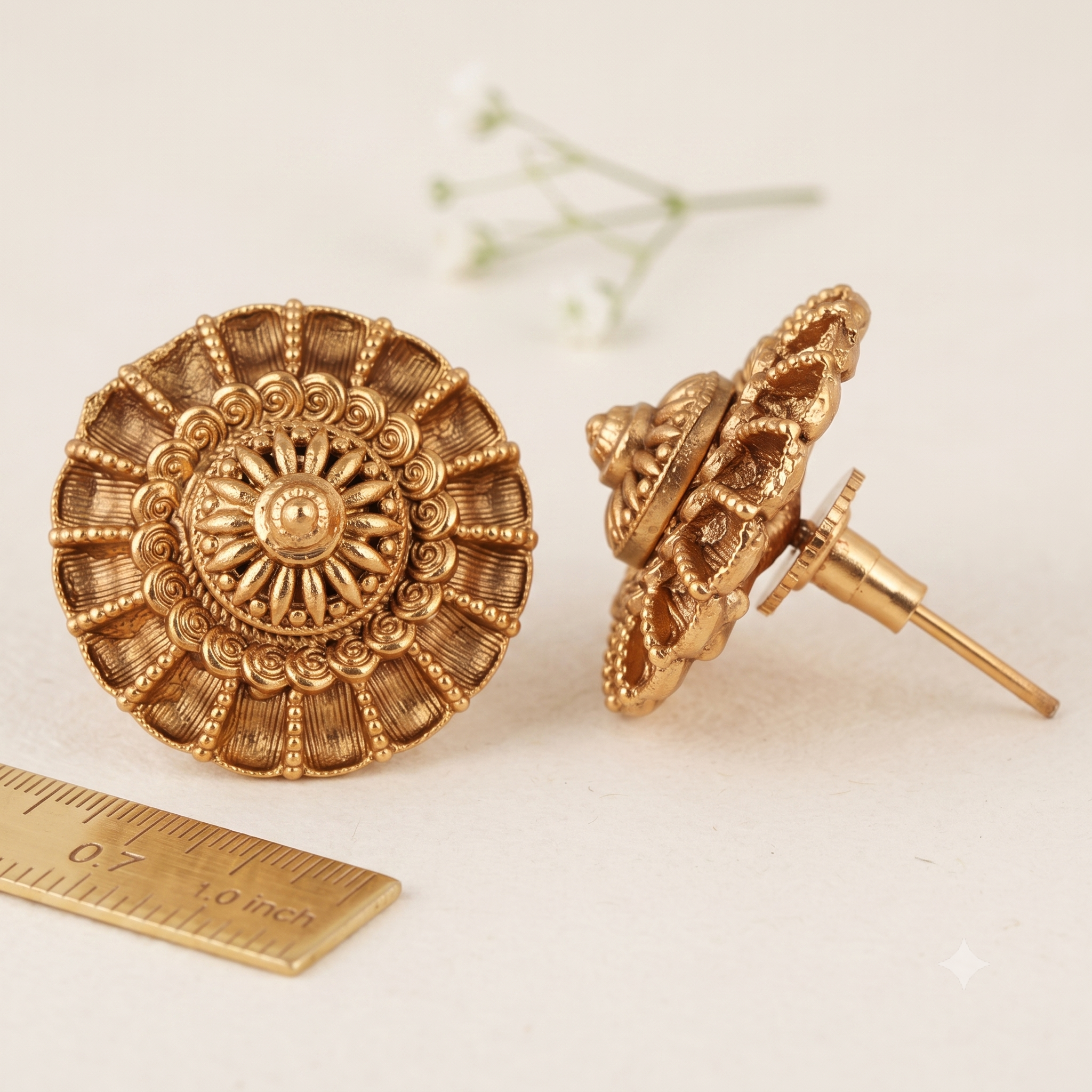 Round antique gold floral stud earring