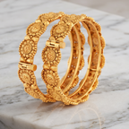 Stunning plain antique gold floral bangle set