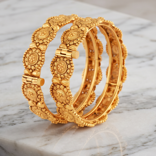 Stunning plain antique gold floral bangle set