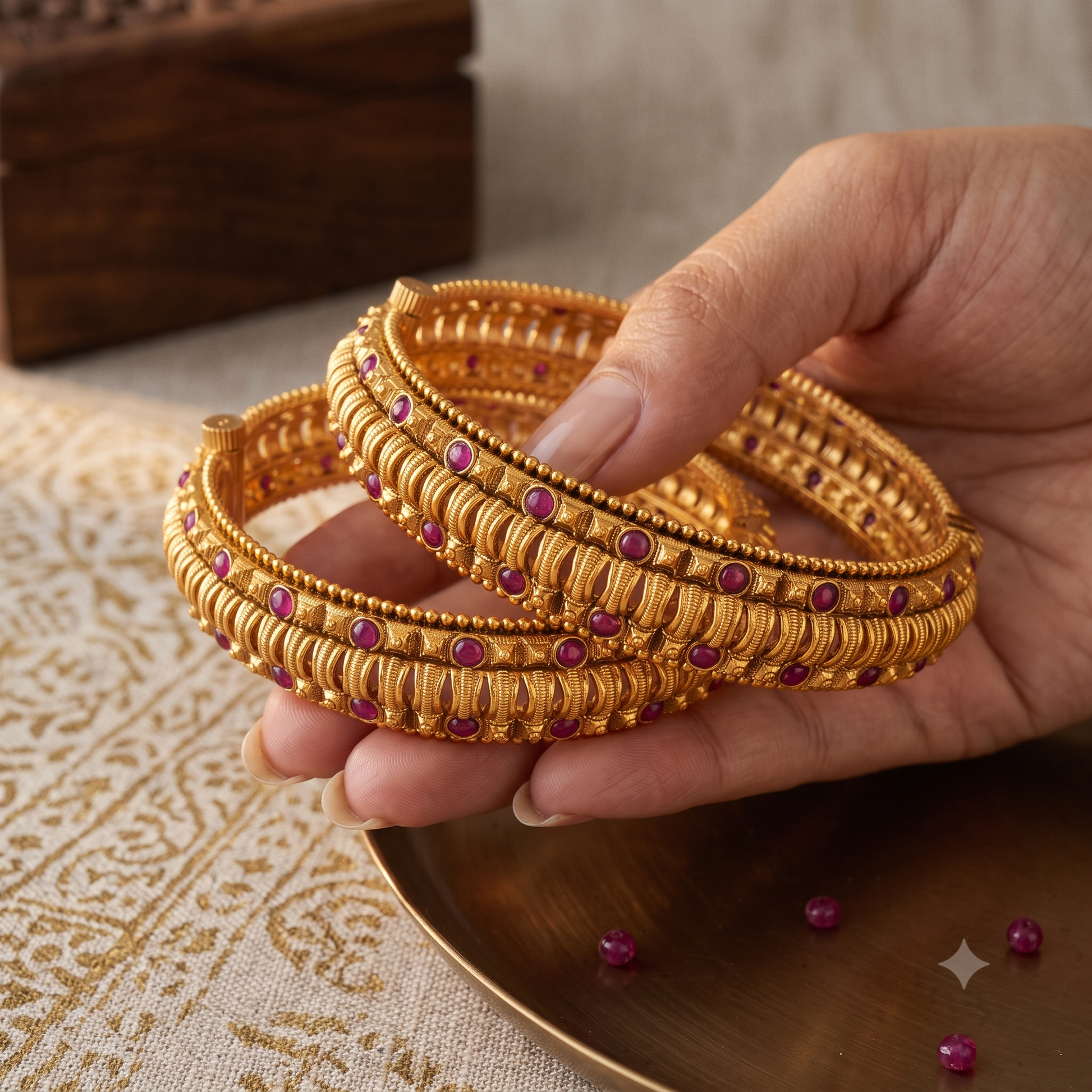 Beautiful openable ruby stone antique gold bangle set
