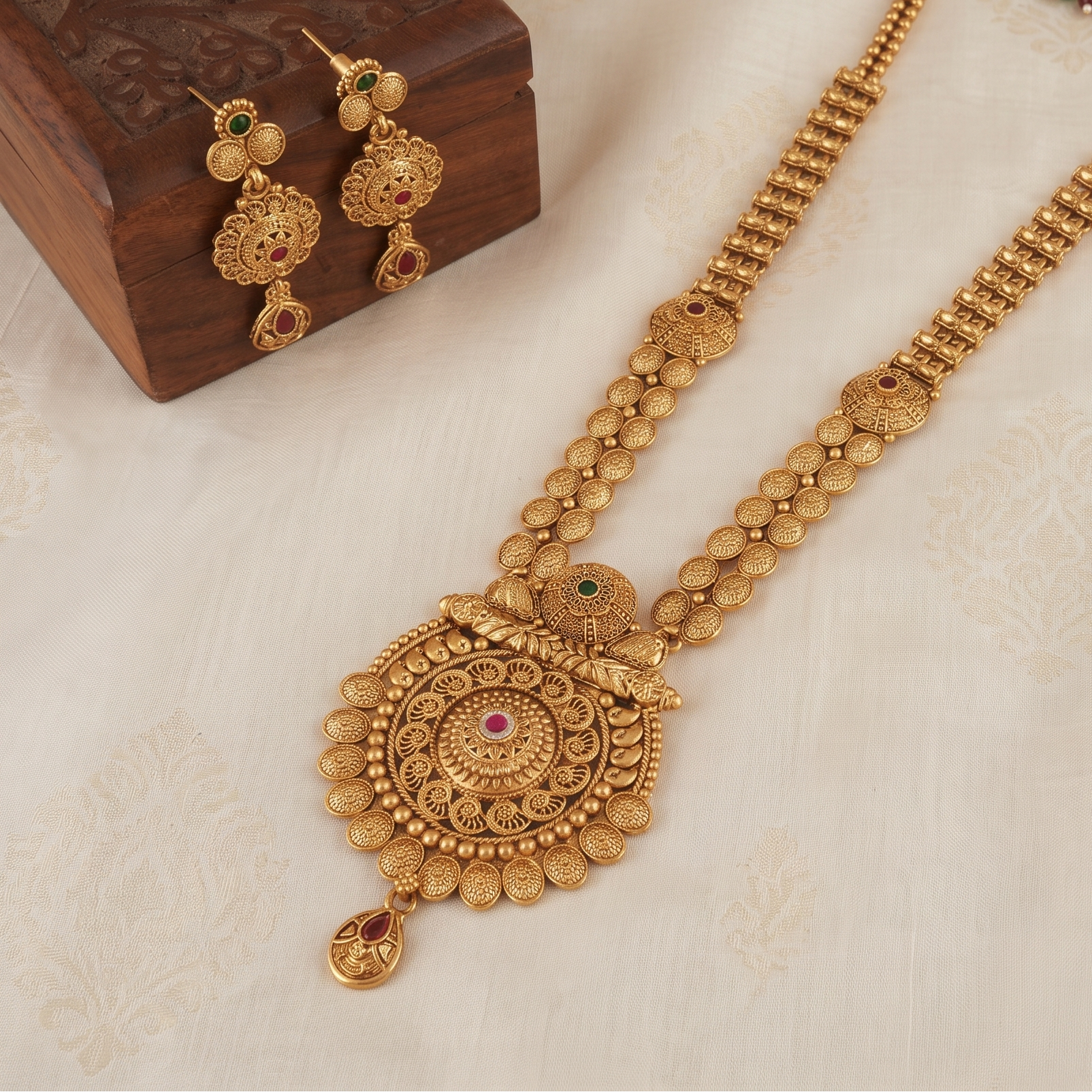 Beautiful long antique gold stone necklace with earring
