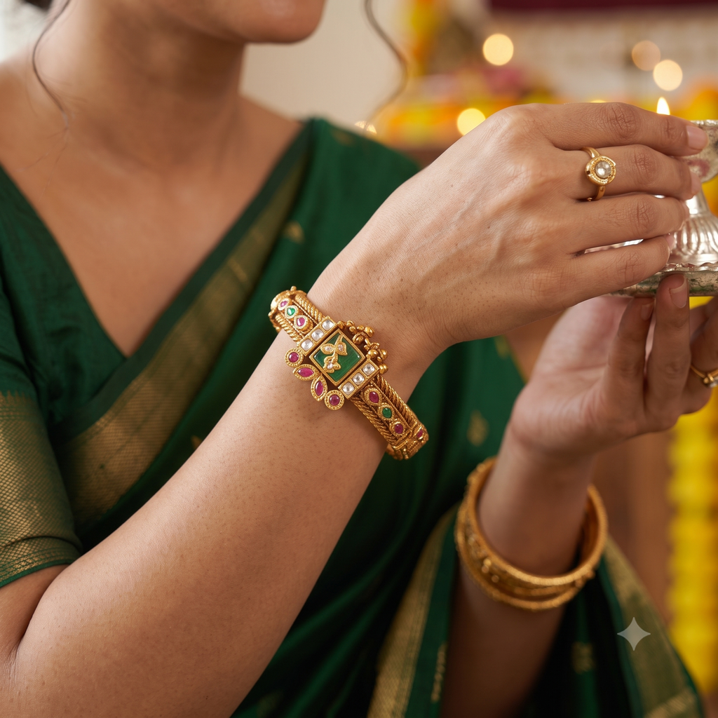 Stunning multicolor stone antique gold kada bangle