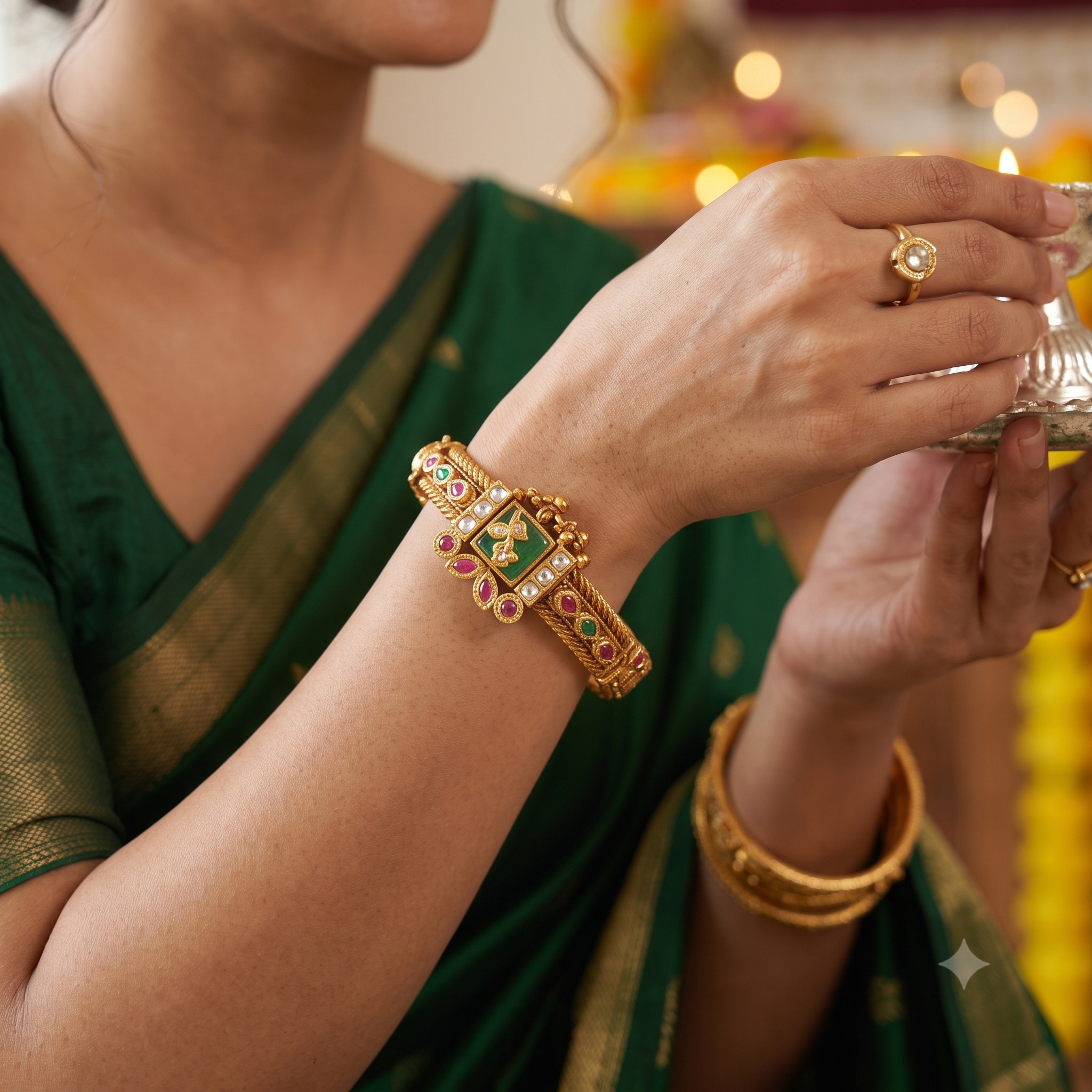 Stunning multicolor stone antique gold kada bangle