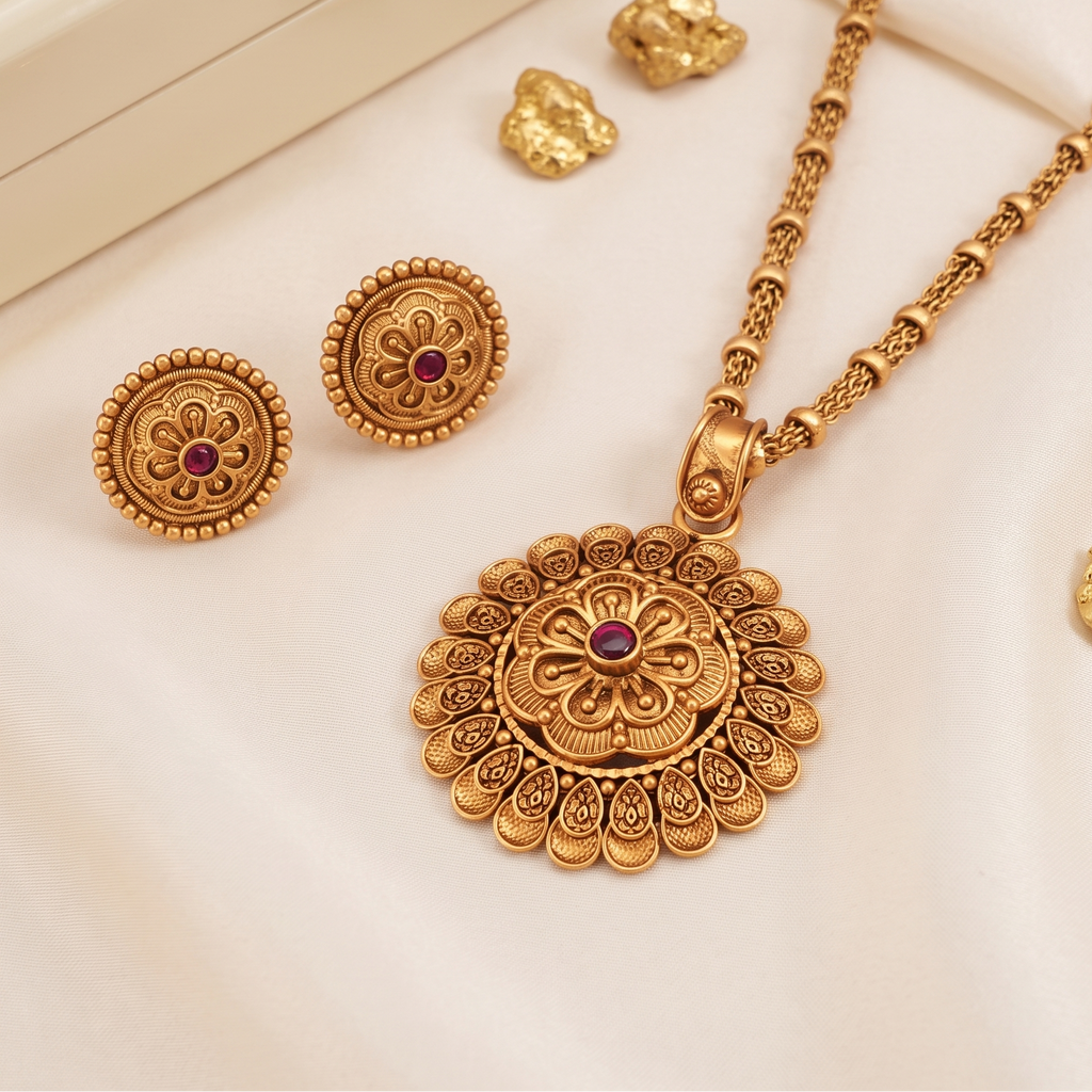 Amazing antique gold floral stone pendant set