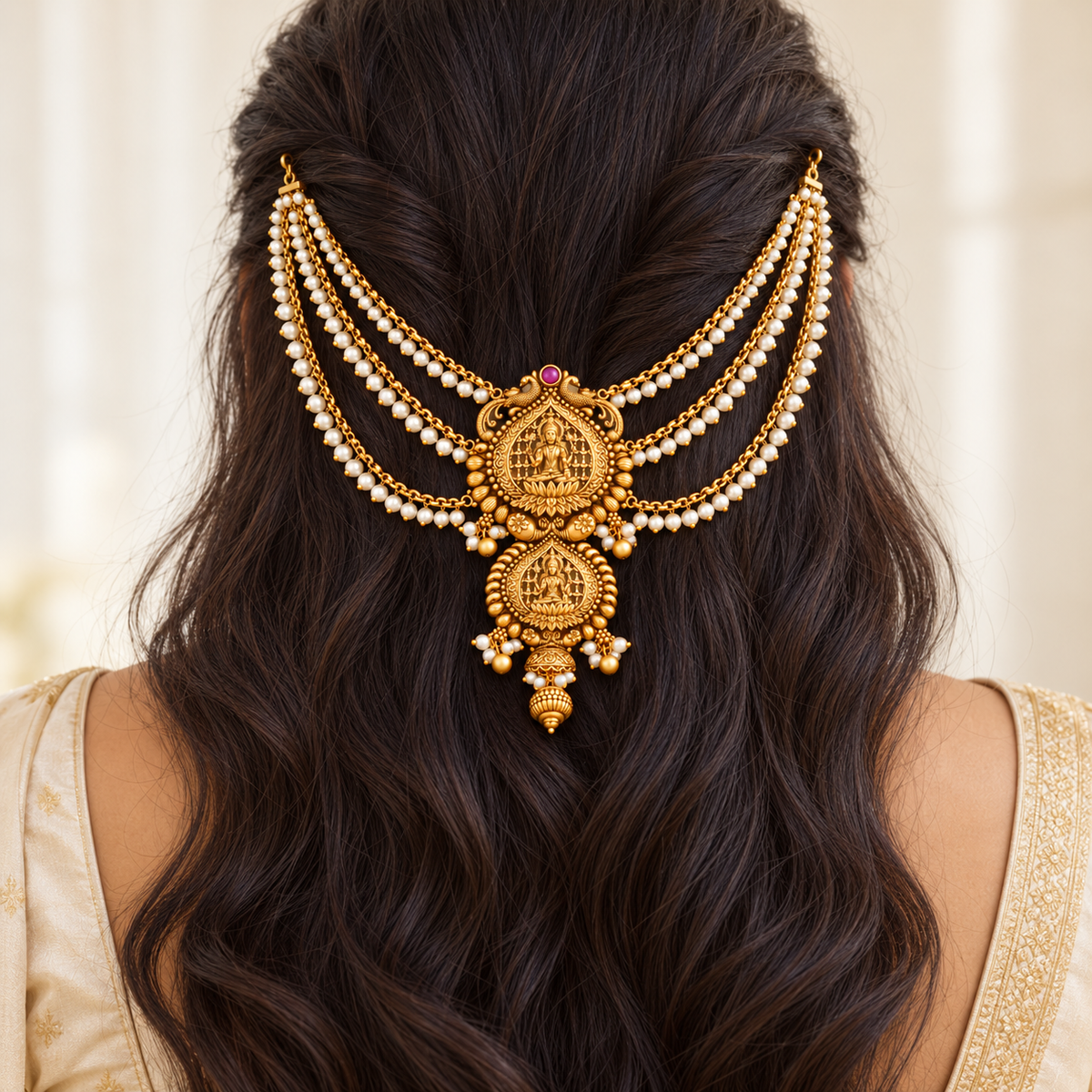 Gold Mahalakshmi Pearl Temple Hair Accessory
