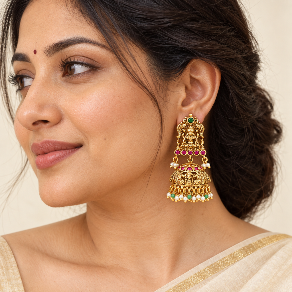 Stunning antique gold Lakshmi Temple Pearl Jhumka Earrings
