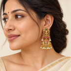 Stunning antique gold Lakshmi Temple Pearl Jhumka Earrings