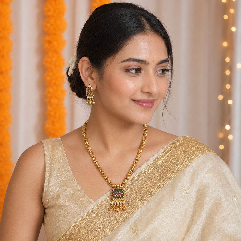Stunning long antique gold emerald kundan pendant set