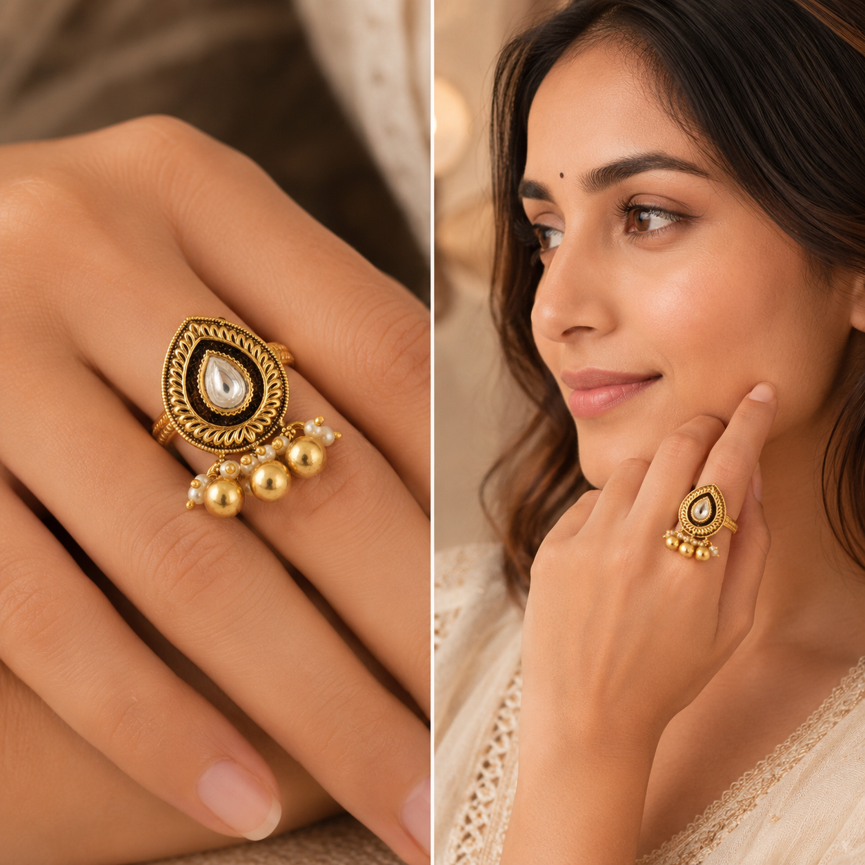 Stunning kundan antique gold finger ring
