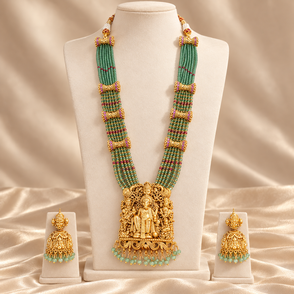 Stunning long antique gold ganesh maharaaj necklace set