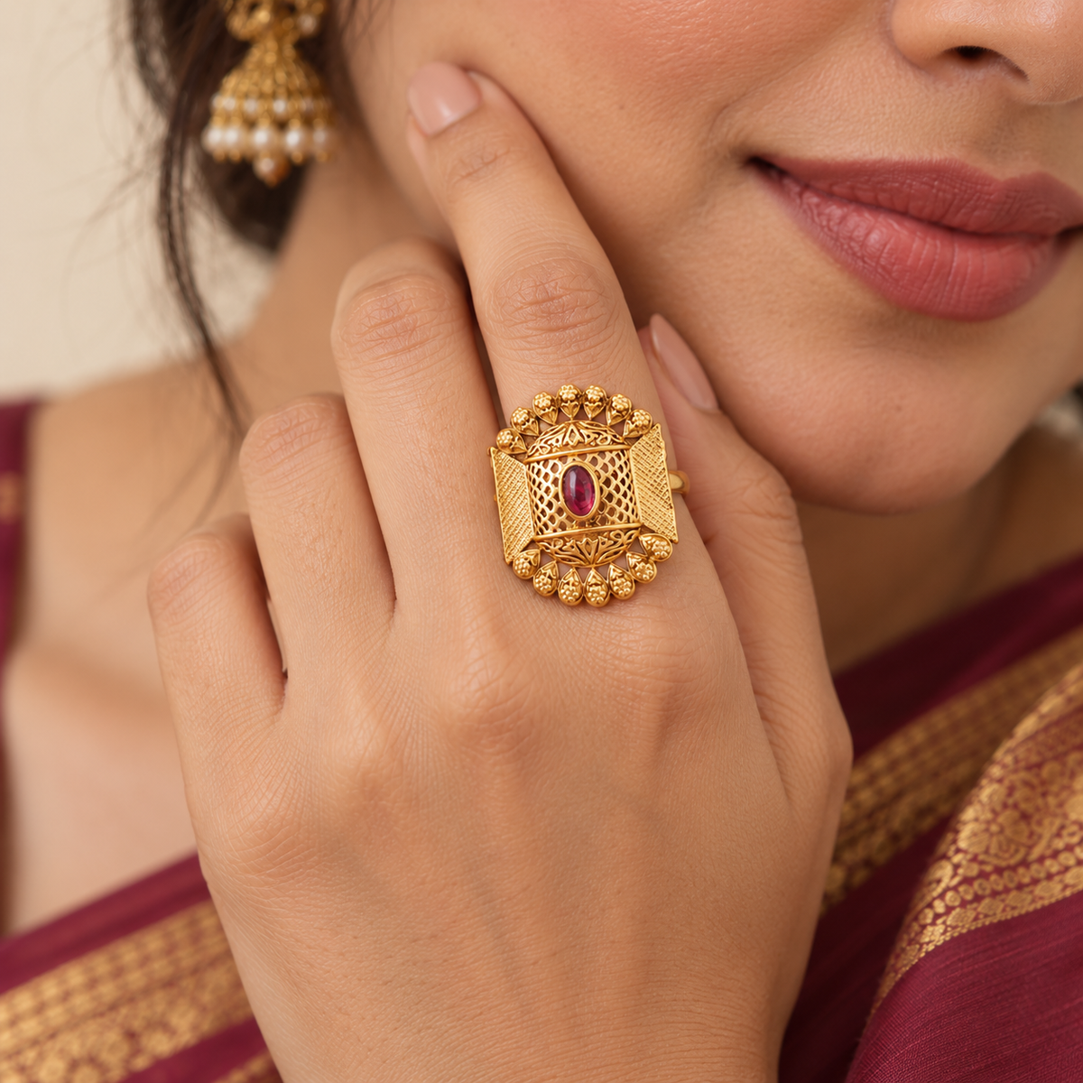 Beautiful antique gold stone finger adjustable ring
