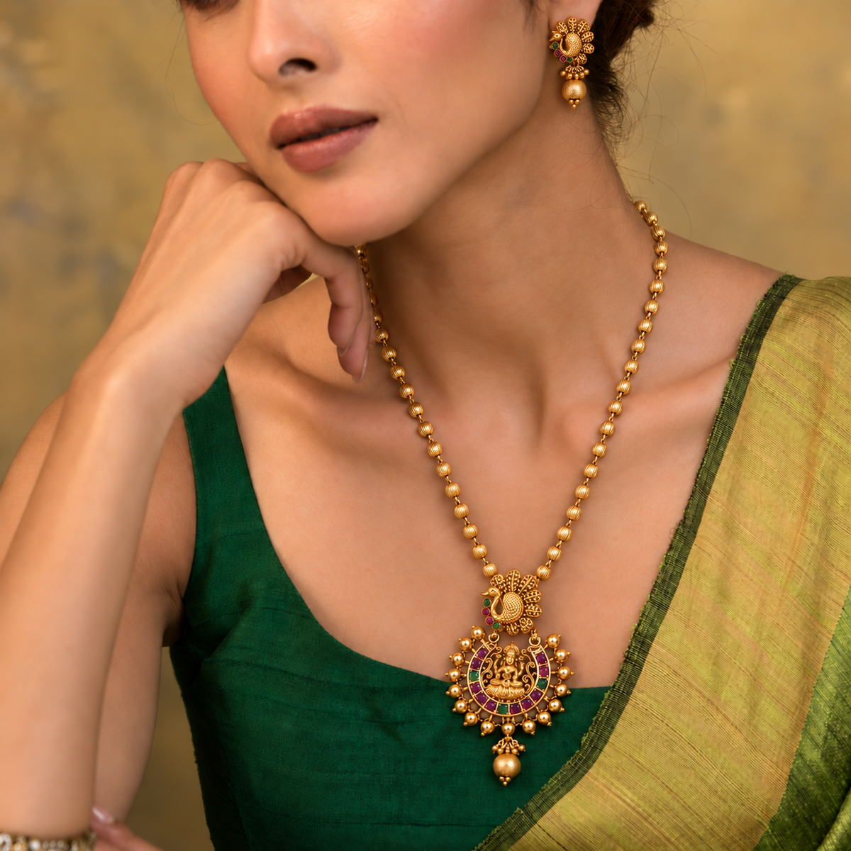 Stunning long antique gold stone maa lakshmi pendant set