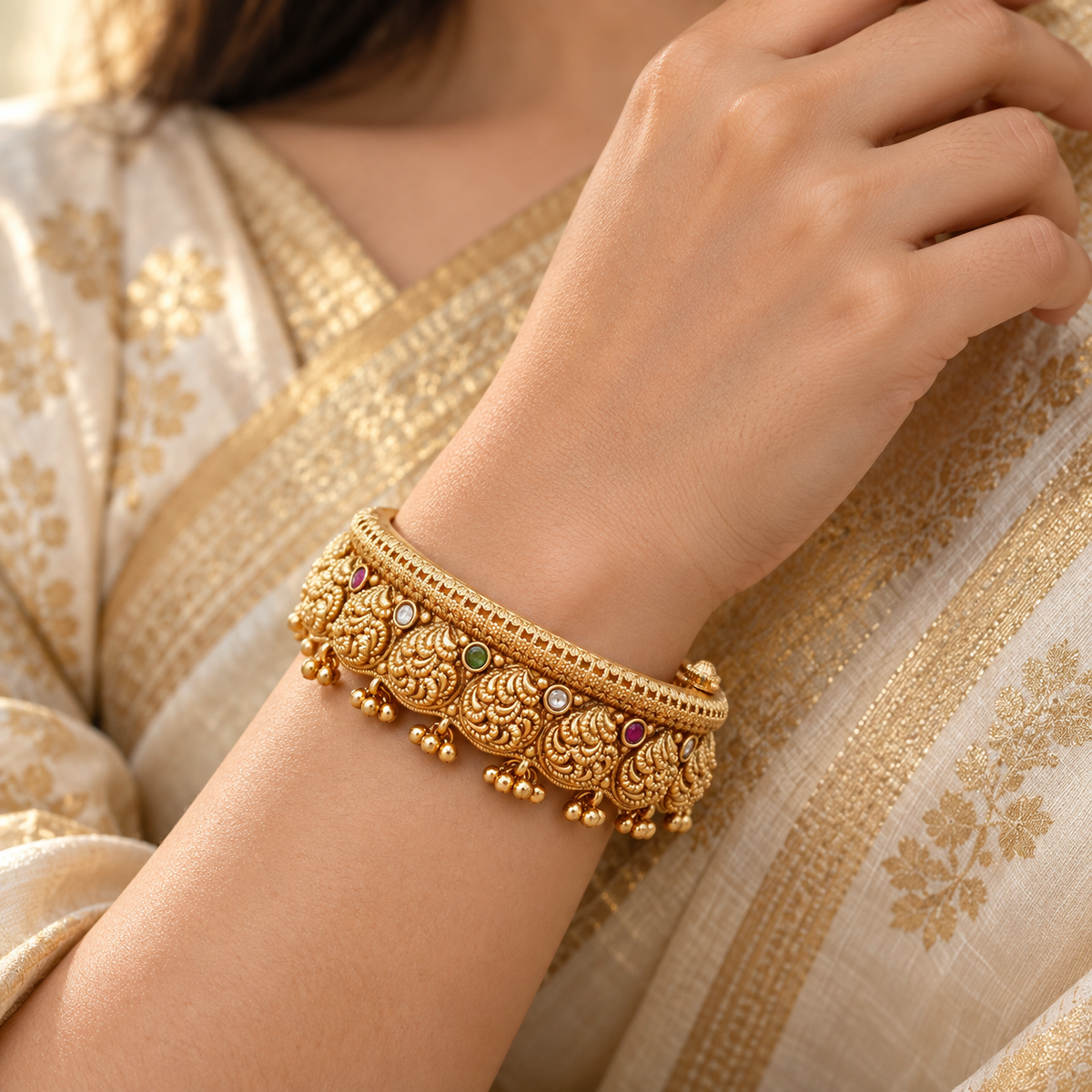 Beautiful antique gold stone ghungroo kada