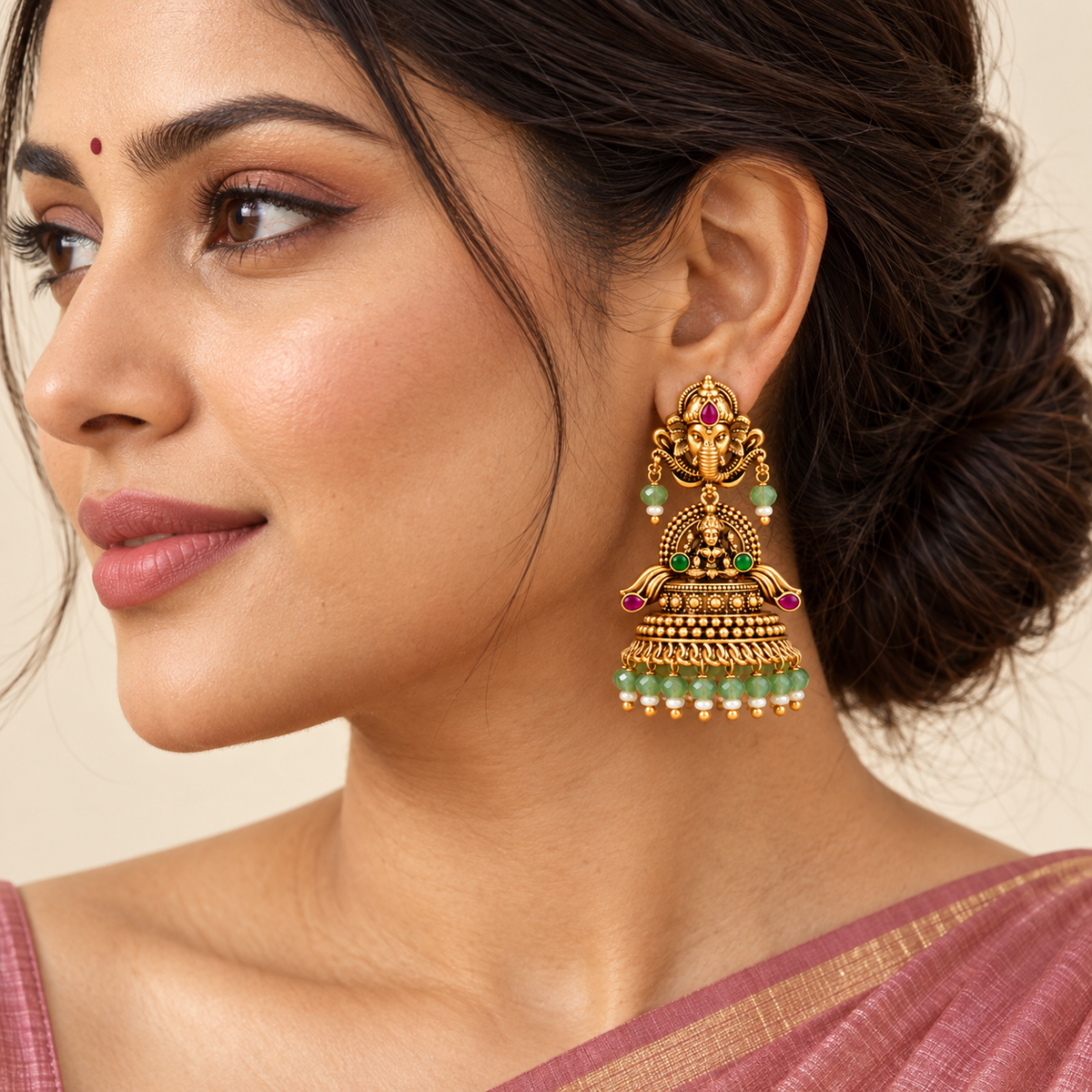 Beautiful antique gold Ganesha Lakshmi Green Bead Temple Jhumka Earrings