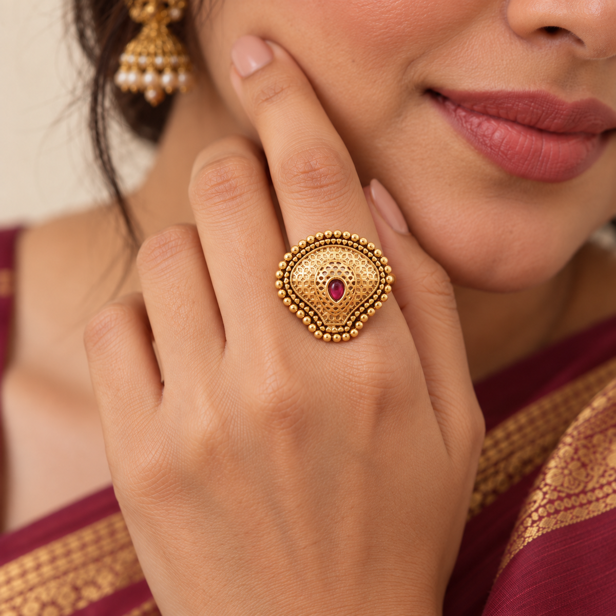 Beautiful stone antique gold adjustable finger ring