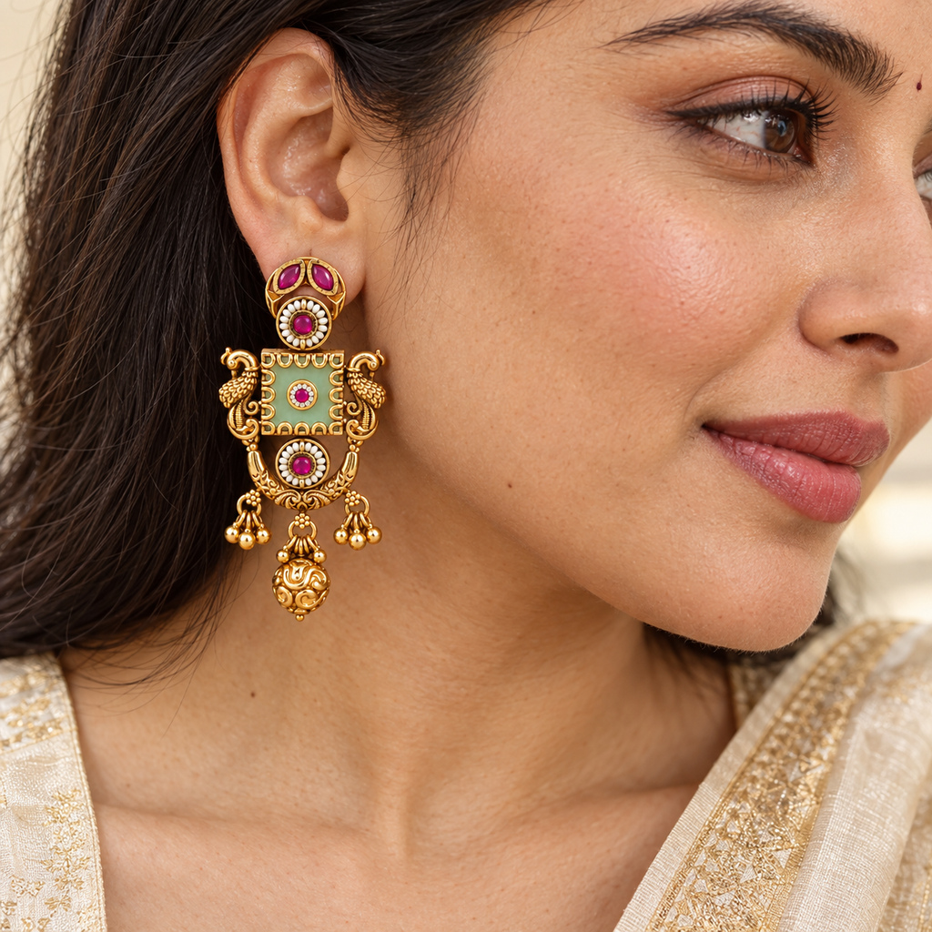 Stunning antique gold Mint Green Peacock Gold Drop Earrings