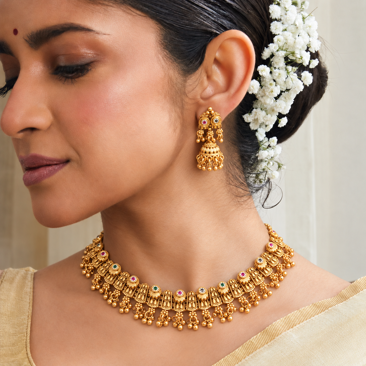 Stunning stone antique gold necklace set