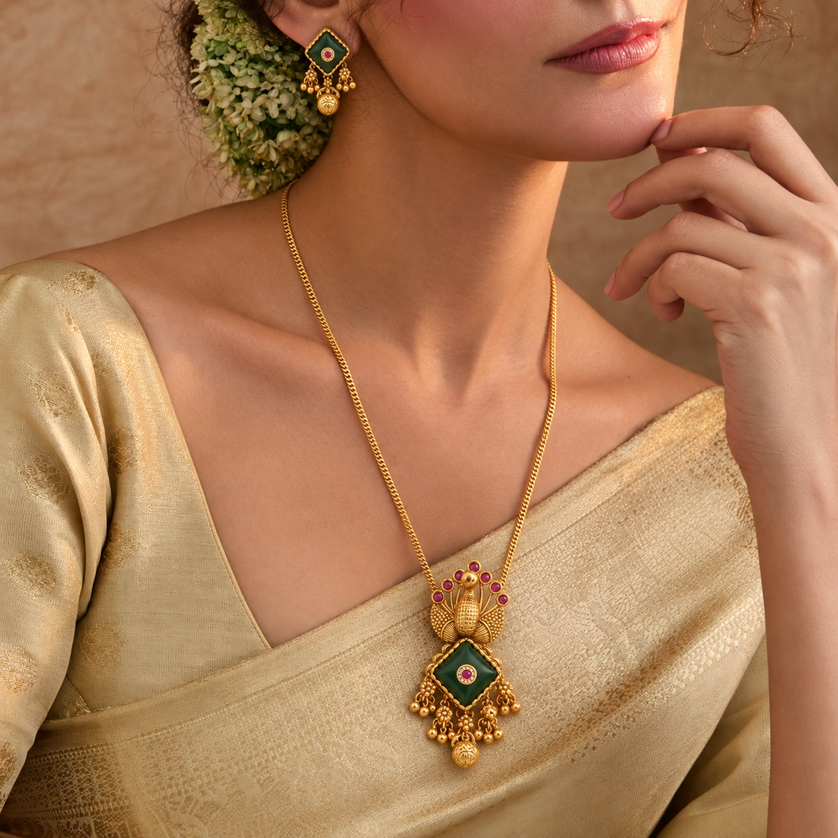 Beautiful peacock stone gold plated pendant set