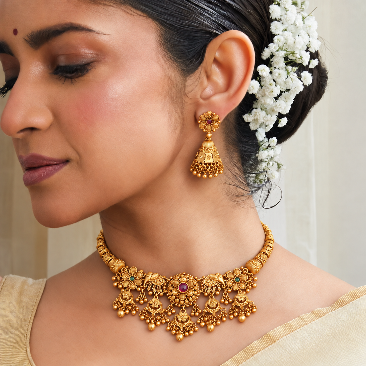 Beautiful antique gold floral hasli necklace set