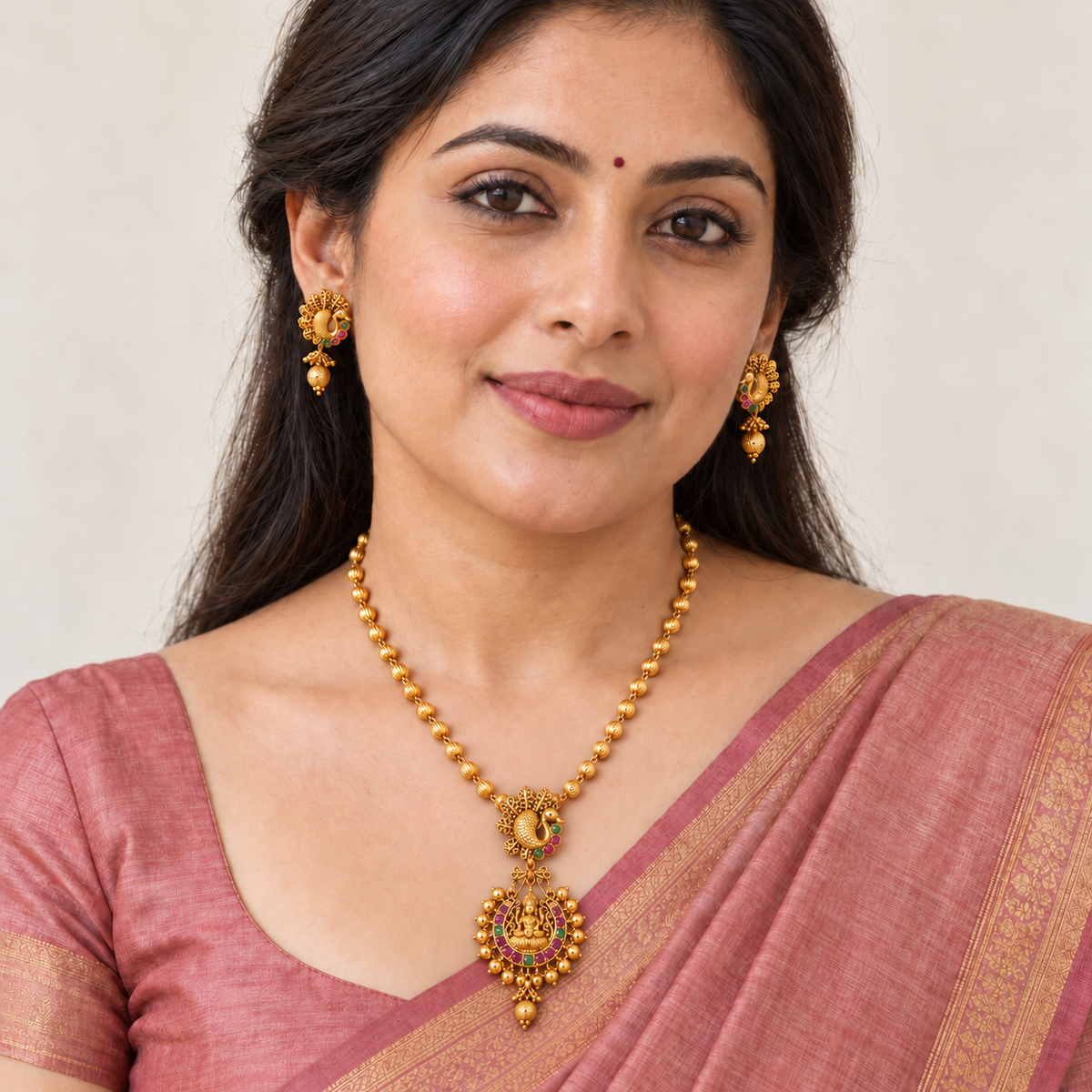 Stunning long antique gold stone maa lakshmi pendant set