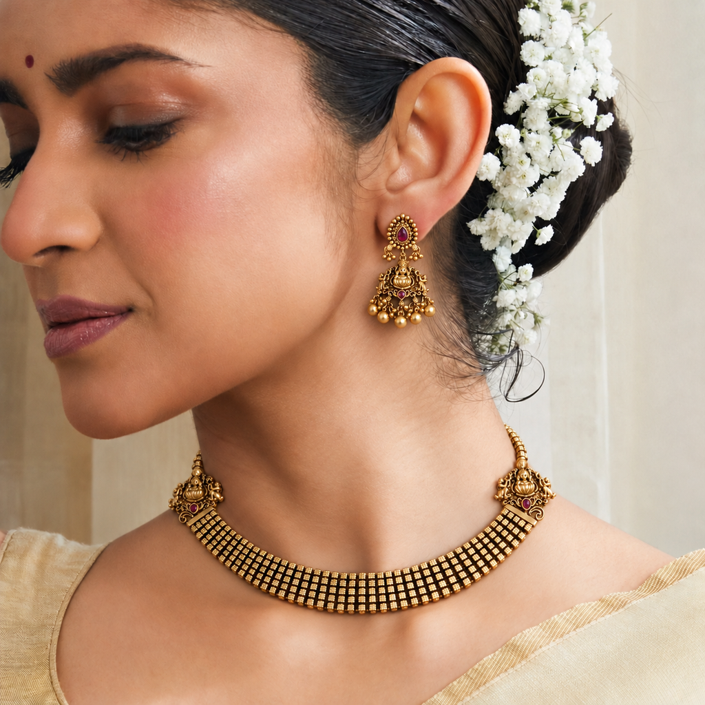 Stunning antique gold plated maa lakshmi necklace set with earring | Temple jewellery