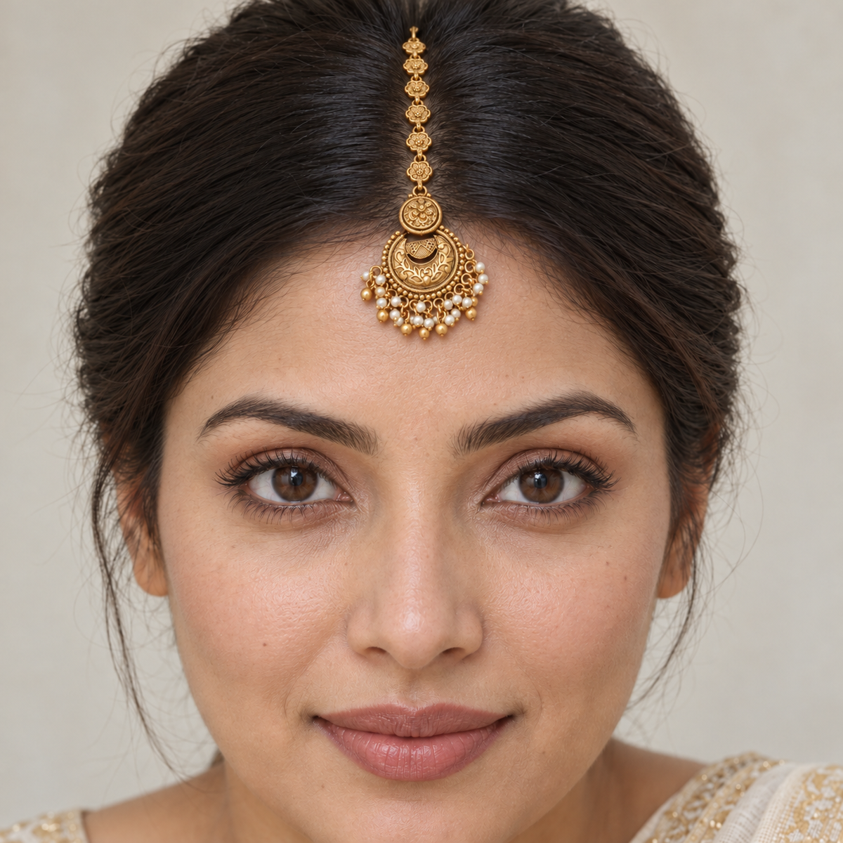 Beautiful antique gold pearl drop maangtika
