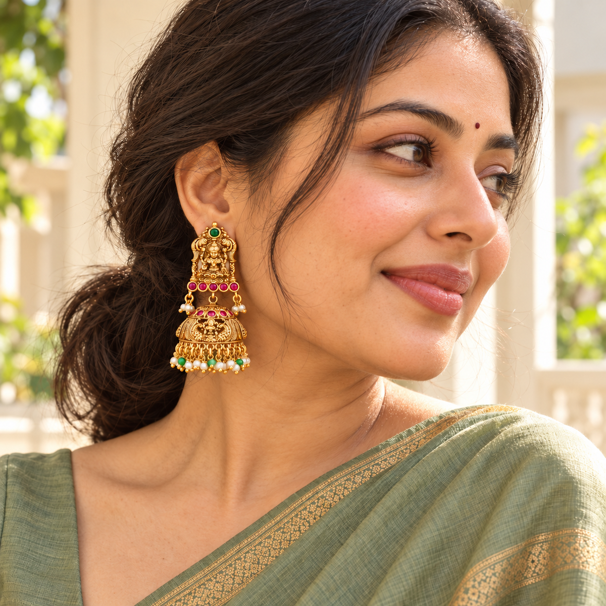 Stunning antique gold Lakshmi Temple Pearl Jhumka Earrings
