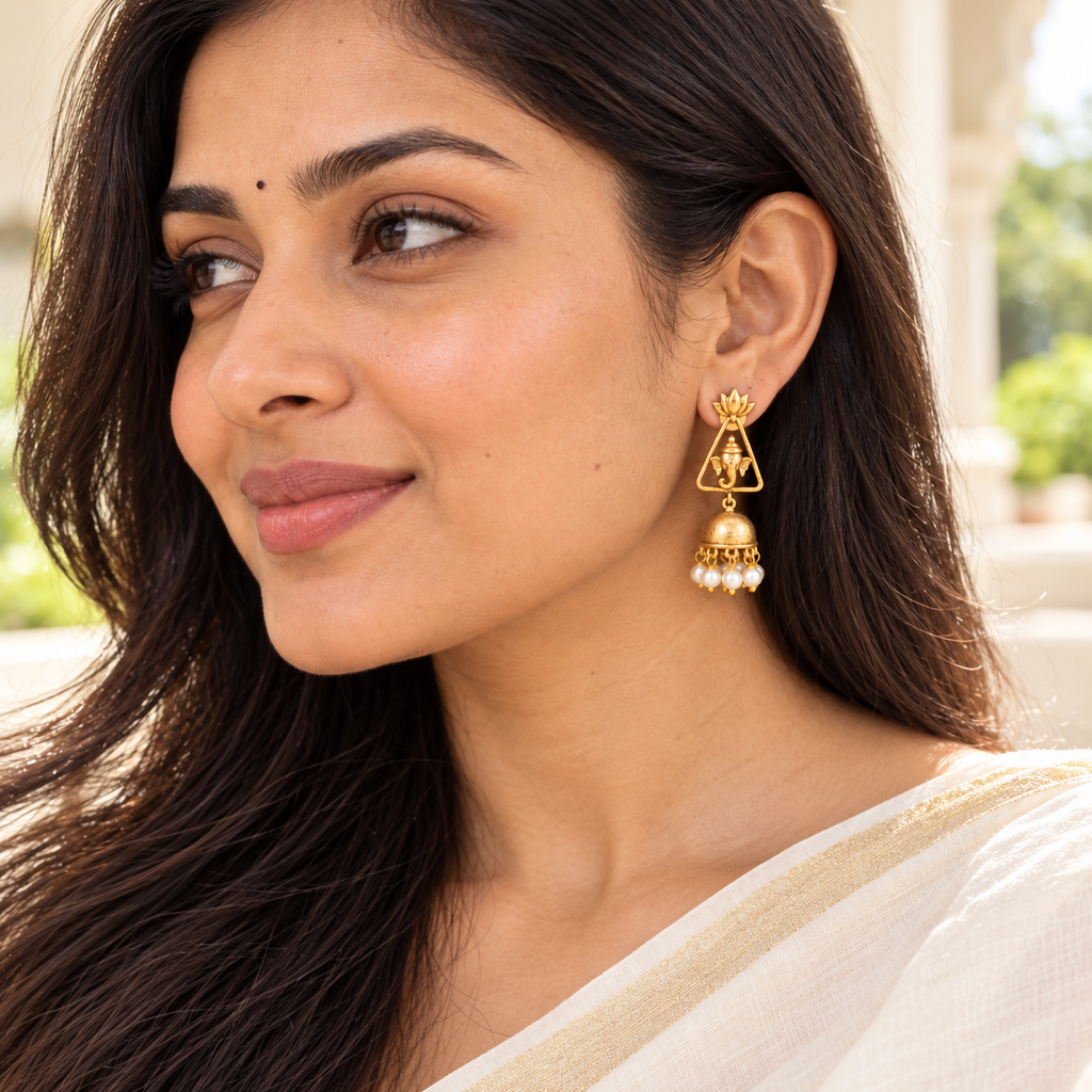 Stunning antique gold Ganesha Lotus Pearl Jhumka Earrings