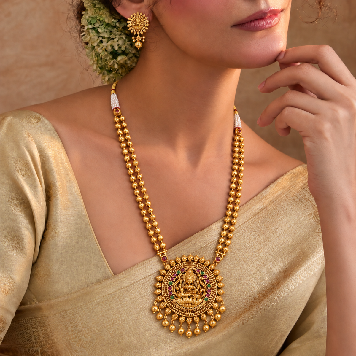 Beautiful maa lakshmi long antique gold necklace