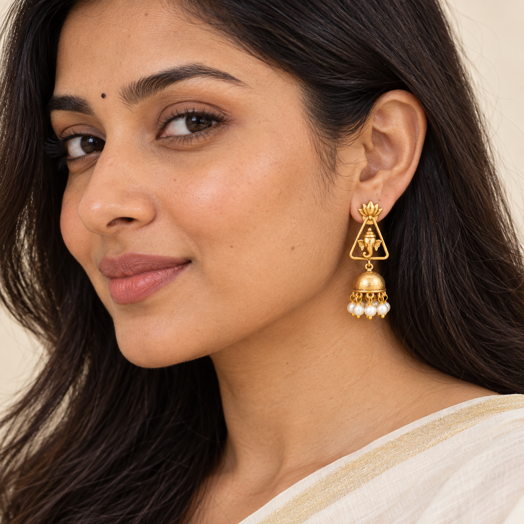 Stunning antique gold Ganesha Lotus Pearl Jhumka Earrings