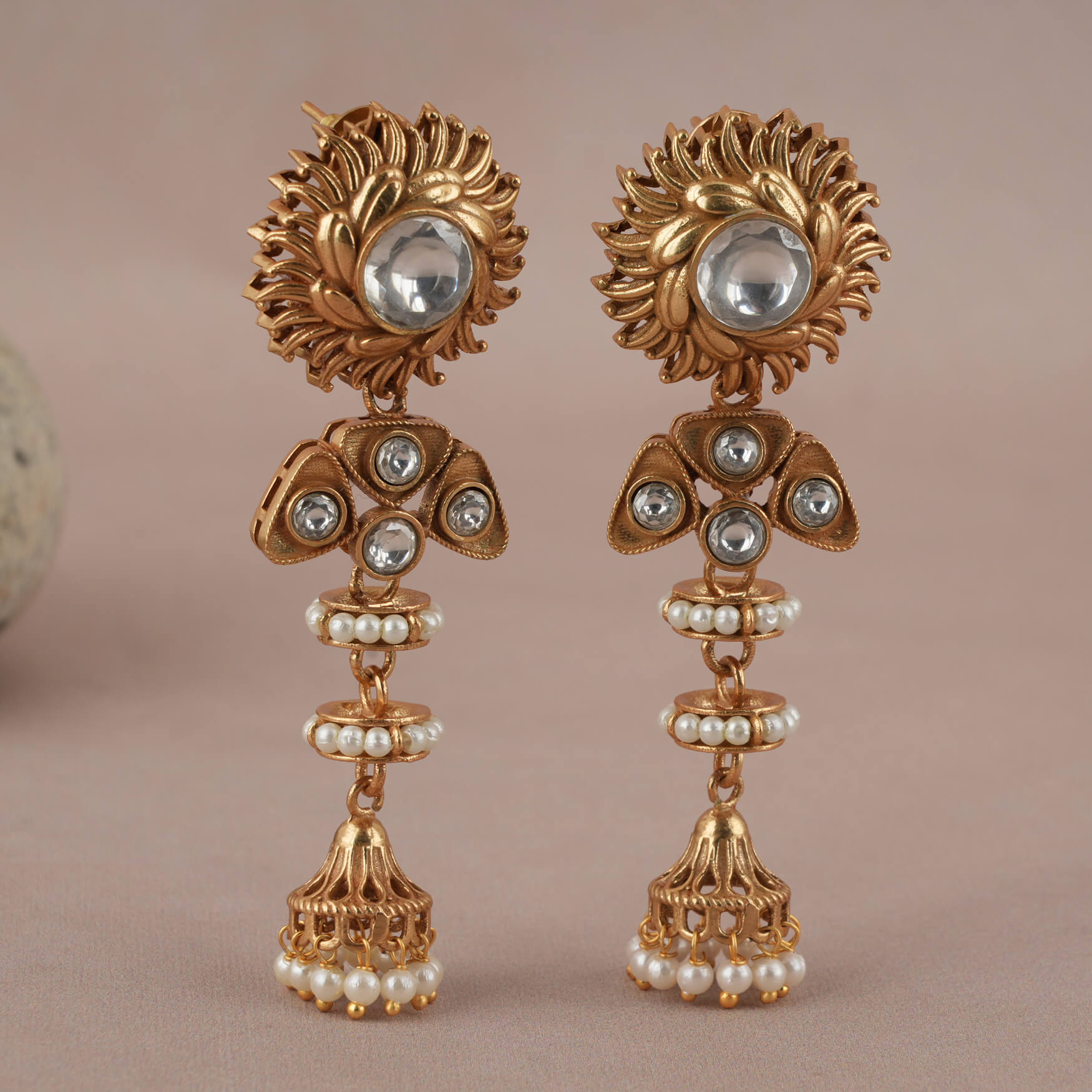 Unique Short Neck Gold Covering Stone Jhumka Earrings Online J25119